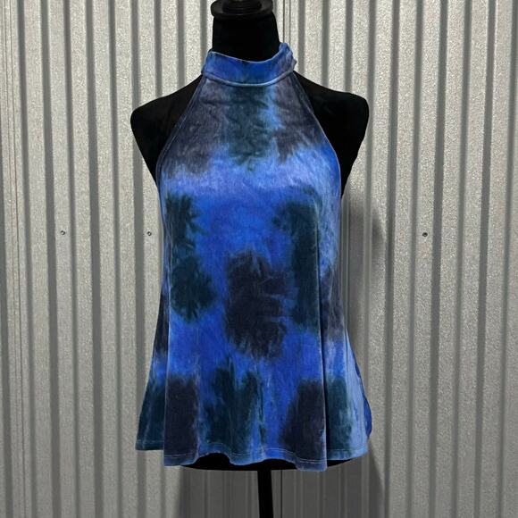 Free People Blue Tie Dye Velvet Halter Tank Top XS Mock Neck Racerback - Picture 1 of 14